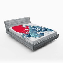 Japanese Fitted Sheet, Wave Illustration With Ocean And Sunme Oriental Print, So - £43.94 GBP