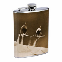 Vintage Skiing Skier Skis D15 Flask 8oz Stainless Steel Hip Drinking Whiskey B&amp;W - £11.65 GBP
