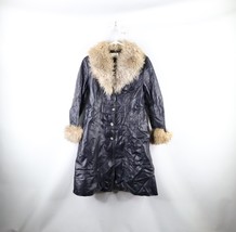 Vtg 70s Womens 13 / 14 Shearling Trim Leather Penny Lane Trench Coat Jacket Blue - £273.72 GBP