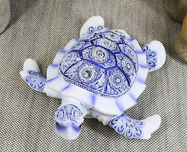 Terracotta Blue And White Feng Shui Celestial Sea Turtle Statue 6&quot;Wide - $18.49