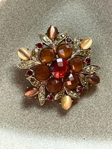 Brown &amp; Red Plastic Cabs &amp; Light Blue &amp; Green Rhinestone Goldtone Flower... - $13.09