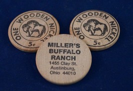 Vintage Lot of 3 Wooden Nickel Miller&#39;s Buffalo Ranch Advertising - $9.89