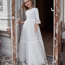 Flower Girl Dress White Lace High Waist Tulle Beaded Wedding Communion Dress - £119.11 GBP