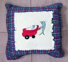 Handmade Dr Seuss One Fish Two Fish New Fish Plaid Edge Throw Pillow Childs Room - $16.83