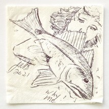 2021 Original Ink Pen Napkin Art &quot;Why Me?&quot; Girl with Fish Artist JWB - £14.97 GBP