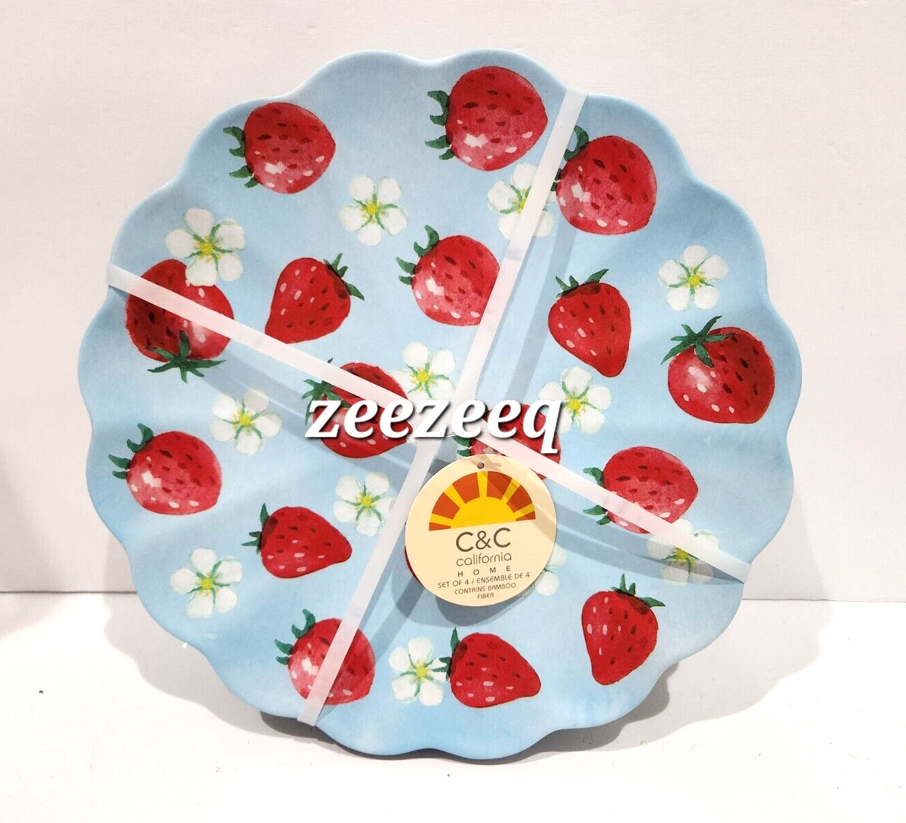 C &amp; C California Strawberry Blue Scalloped Melamine 11&quot; Dinner Plates 4pc - $34.99