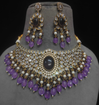 Bollywood Style Indian Purple Gold Plated CZ Kundan Necklace Choker Jewelry Set - £149.50 GBP