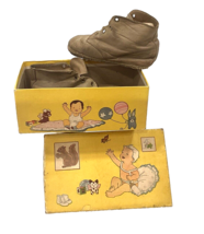 Antique Leather Baby Shoes with Cute Graphics Shoe Box 1930 Yellow box - $19.64