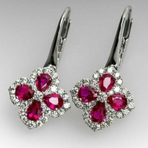 3Ct Pear Cut CZ Ruby &amp; Diamond Floral Drop/Dangle Earrings 14K White Gold Finis - £88.46 GBP