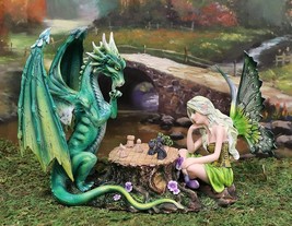 Ebros Amy Brown Elf Green Fairy with Red Dragon On Wood Logs Seesaw Statue 8.5&quot;H - £77.52 GBP