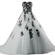 Beaded Black Lace Long A Line Tulle Gothic Prom Wedding Dresses Plus Size Silver - £152.72 GBP