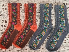 Two (2) Pair ~ Handcrafted ~ 1~Orange &amp; 1~Gray ~ Floral ~ Knit Ankle/Cre... - $14.96