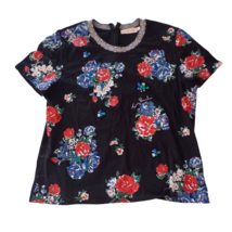 Tory Burch Floral Embellished Gemini Navy Tea Rose Link T-shirt Size Large - £77.76 GBP