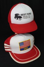 vintage trucker hats X2 &quot;Best Ford Sales Inc.&quot; American Flag snapback red cap - £39.95 GBP