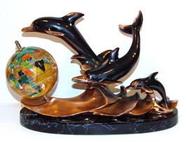 Beautiful Dolphin Trio On Waves With Spinning Globe 13 1/2&quot; Long Sculpture - £62.66 GBP