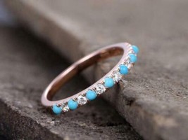 1/2Ct Lab-Created Turquoise &amp; Cz Stackable Wedding Band in 14K Rose Gold Over - £45.63 GBP