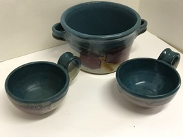 Clay Pottery Soup Bowl and 2 matching cups Rustic Handcrafted  - $35.00