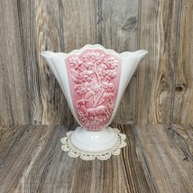 Vintage Hull Fan Vase #50, White Maroon Gazelle Deer, Scalloped Top - $74.00