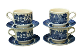 Churchill Blue Willow Tea Cup and Saucer Made in England 6 Ounce Set of 4 (a) - £19.10 GBP