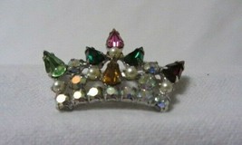 Vintage B David Signed Family Crown Brooch Crystals Rhinestone Faux Pearls - £15.02 GBP