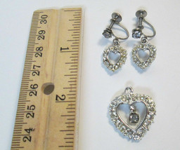Estate Find Silver Tone Rhinestone Heart Screwback Earrings and Pendant Set  - £17.28 GBP