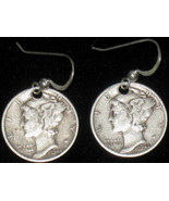 ANTIQUE LIBERTY MERCURY DIME STERLING SILVER VINTAGE DANGLE COIN EARRINGS - £10.11 GBP