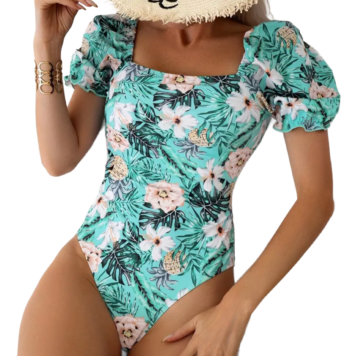 Ruffle Sleeve Swimsuit Size 6 (M) Square Neck Criss Cross Strap Back Pad... - $25.00