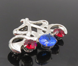 FRENCH 925 Sterling Silver - Red &amp; Blue Topaz Shiny Floral Brooch Pin - BP3563 - £35.54 GBP