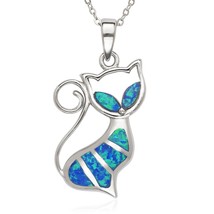 925 Sterling Silver Created Blue Opal Cat Pendant Necklace with 18&quot; Chain - £93.77 GBP
