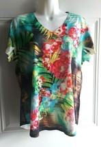 B.L.E.U. Colorful Embellished V-Neck Short Sleeve Pullover Blouse Tip Si... - $9.49
