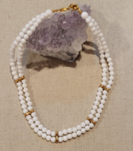 Vintage Napier Double Strand Milk Glass Necklace  w/ Gold tone Accents Signed - £18.51 GBP