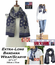 HAV-A-HANK Navy Blue Long Paisley Bandana Scarf Scarve Wrap Neck 66x22&quot; 168x55cm - £24.04 GBP