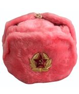 Authentic Russian Ushanka Pink Hat w/ Soviet Army Badge Emblem - $43.94