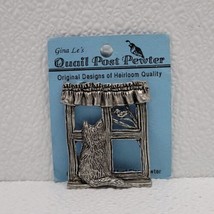 Gina Le Quail Post Vintage Pewter Cat &amp; Bird in Window Pin Brooch - £19.81 GBP