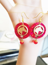 horse earrings gold charms red sequins leaves glass drop dangles sequin jewelry - £4.70 GBP