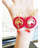 horse earrings gold charms red sequins leaves glass drop dangles sequin ... - £4.68 GBP