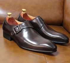 Handmade Men&#39;s Brown Cowhide Leather Single Monk Plain Toe Formal Dress Shoes - £101.68 GBP