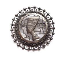 Vintage Egyptian Revival Brooch Pendant Silver Pin Nefertiti Ankh Beetle Bird - £31.10 GBP
