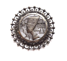 Vintage Egyptian Revival Brooch Pendant Silver Pin Nefertiti Ankh Beetle Bird - $39.59