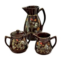 Redware Pottery Tea Set Brown Betty Hand Painted Moriage Roosters Japan Vintage - £13.10 GBP