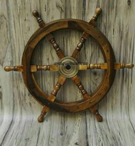 18&quot;Nautical Wooden Ship Steering Wheel Pirate Décor Wood Brass Fishing W... - £61.47 GBP