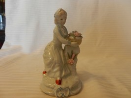 Vintage White Ceramic Girl With Flowers on Wall Figurine 5.25&quot; Tall - $40.00
