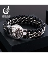 Mens Wolf Lion Chain Bracelet Black Leather  Steel - $78.10 CAD+