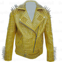 HANDMADE Men&#39;s Spiked Yellow Leather JACKET Gothic Punk Silver Studded Leather j - £276.00 GBP