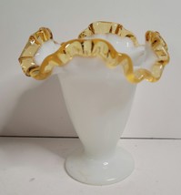 Fenton Milk Glass Vase with Amber Ruffled Edges VTG image 2