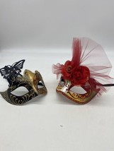 2 Hand Painted Venetian Masquerade Mask Made in Italy Black Gold Butterfly Red - $38.00