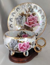 Royal Sealy China Reticulated Pink/Gray Rose Floral Lustreware Tea Cup &amp; Saucer - £15.55 GBP