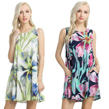 Womens Sleeveless Knit Floral A Line Tunic Shirt Top Dress with Pockets - £19.62 GBP