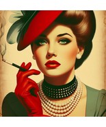 Retro Woman in Red Gloves Smoking: retro art, vintage poster, mid-century design - $2.99