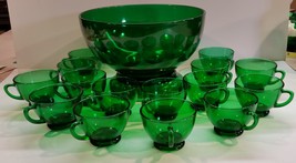 Vintage Anchor Hocking Forest Green Punch Bowl, Stand and 15 cups - $59.99